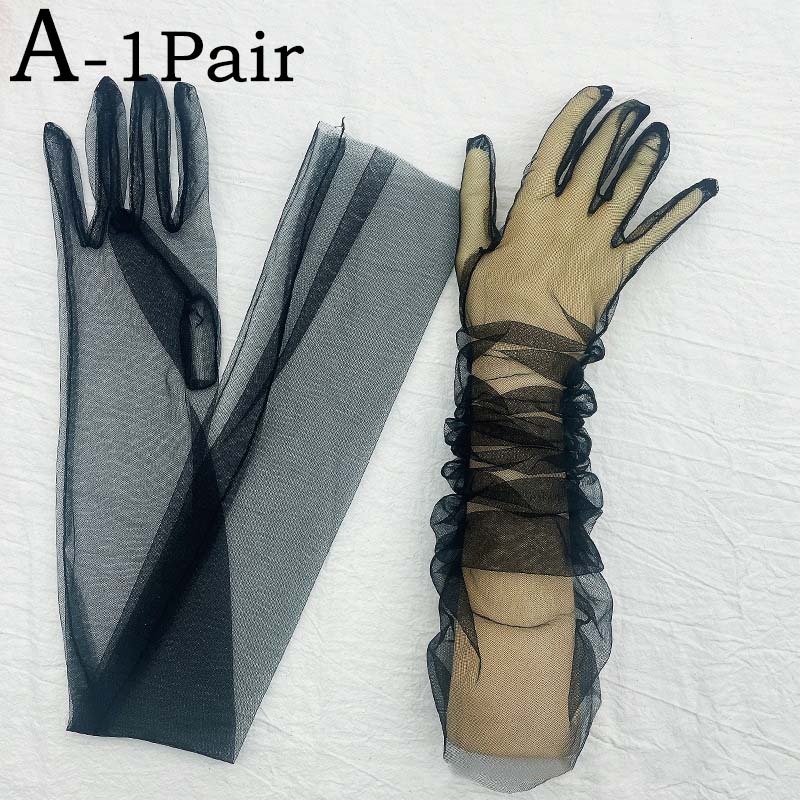 GUANTES TRANSPARENTES MALLA FINA LARGOS NEGROS