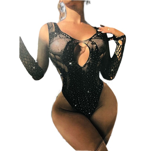 [E66056] BODY STOCKING CON BRILLOS Y ABERTURA EN ESCOTE